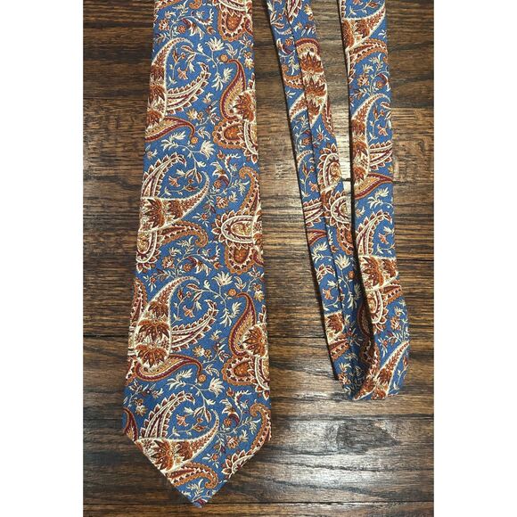 Polo by Ralph Lauren Men's Blue Brown Paisley Linen Tie - Picture 1 of 4